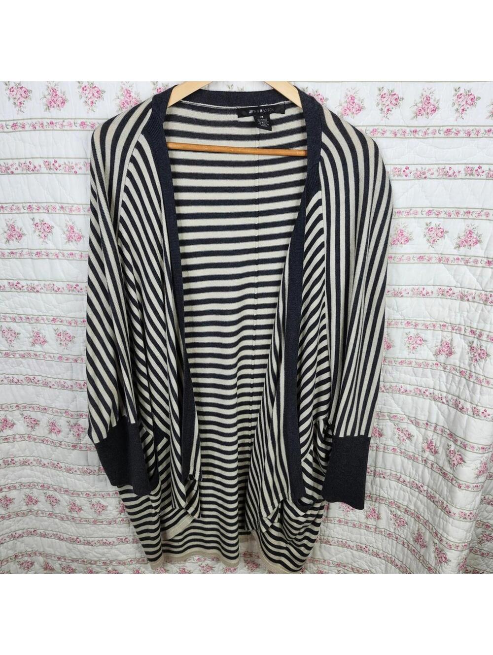 89th & Madison 3X Striped Cardigan Open Front Draped Pockets Black Beige Plus 3X